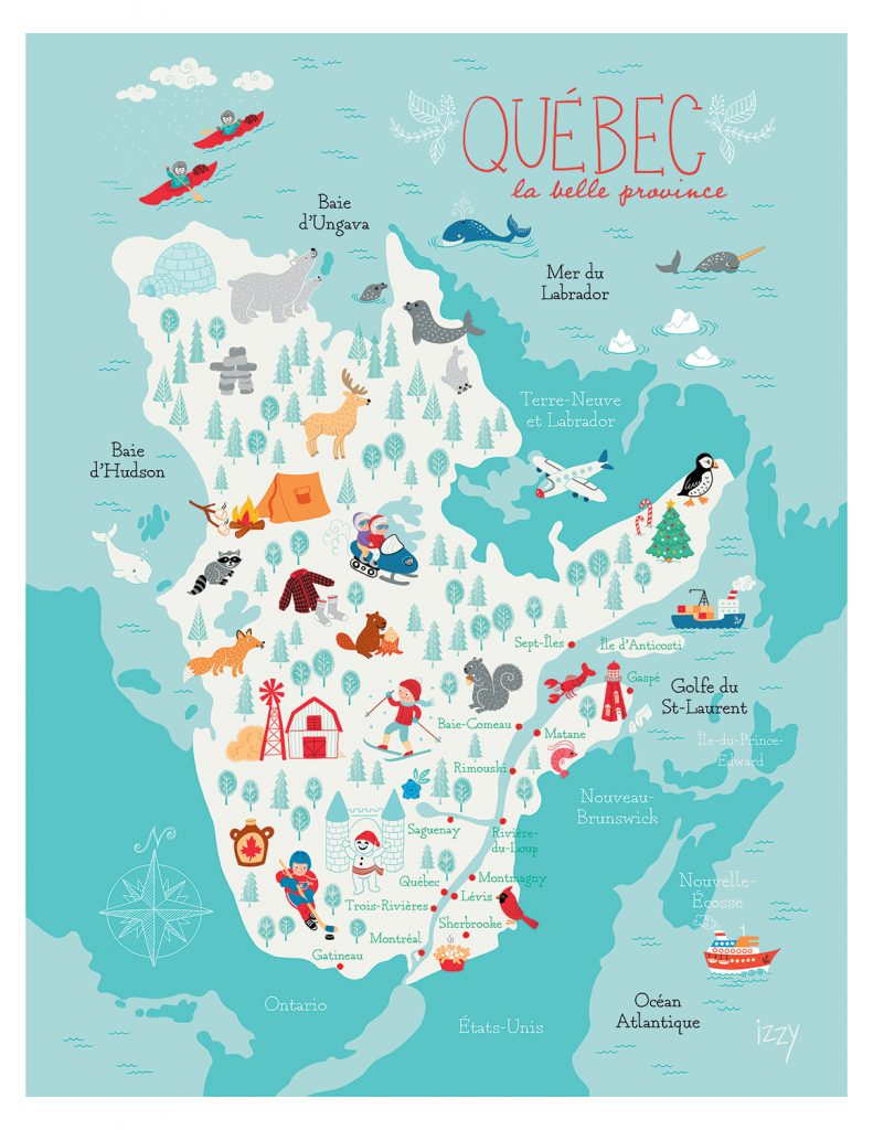 Illustration pour enfants d'une carte du Québec par Isabelle Charbonneau