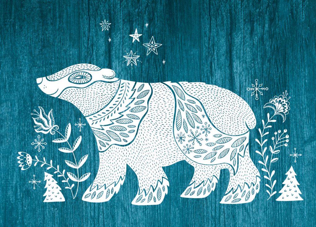 Carte de Noël représentant un ours polaire dans le style Folk art, illustré par Isabelle Charbonneau pour les cartes Pôle Nord
