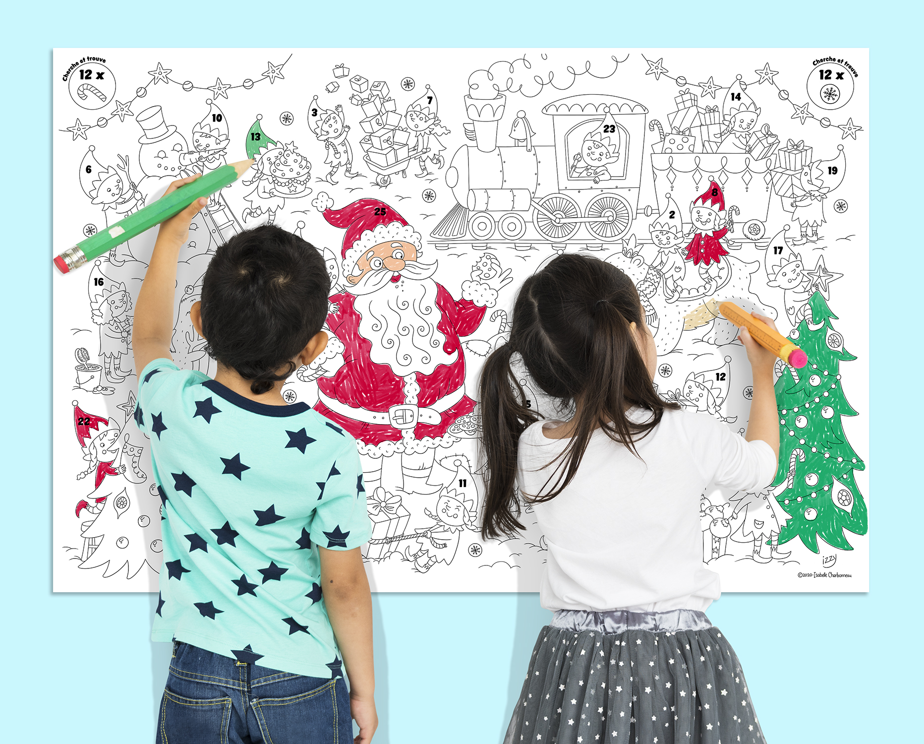 Calendrier de l'Avent à colorier, coloriage géant de Noël illustrée par Isabelle Charbonneau