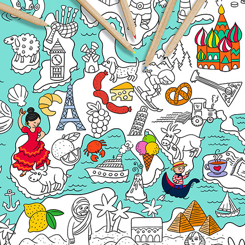 Coloriage géant de mappemonde illustré par Isabelle Charbonneau paru chez Pomango, atlas à colorier, coloriage pour enfants