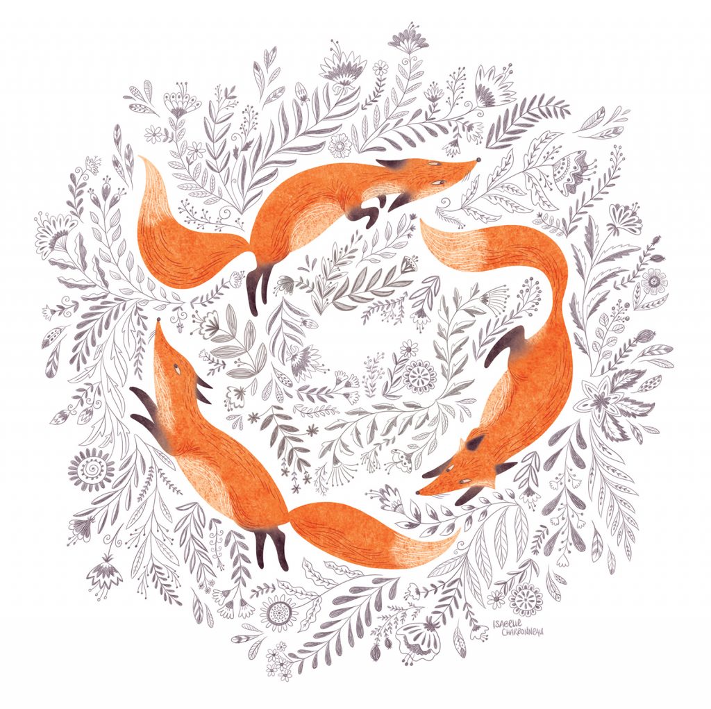 Illustration florale de renards par Isabelle Charbonneau
