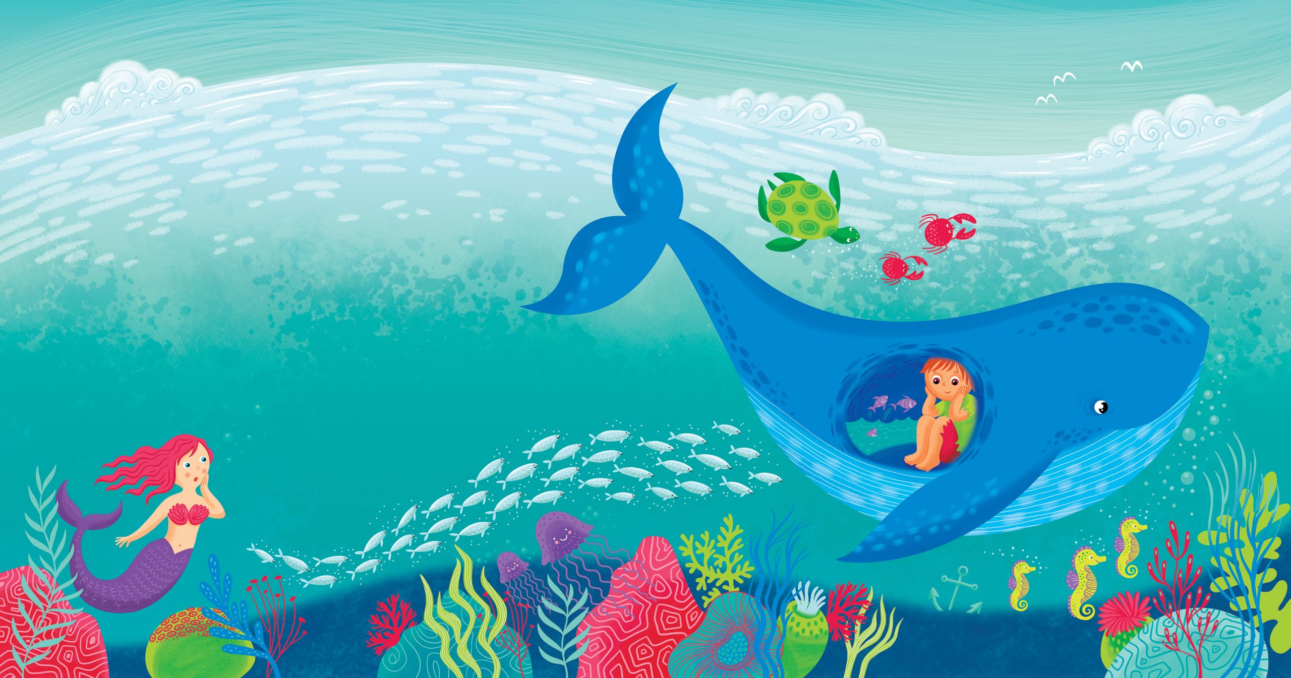 Illustration de la comptine Jonas dans la baleine par Isabelle Charbonneau pour Auzou