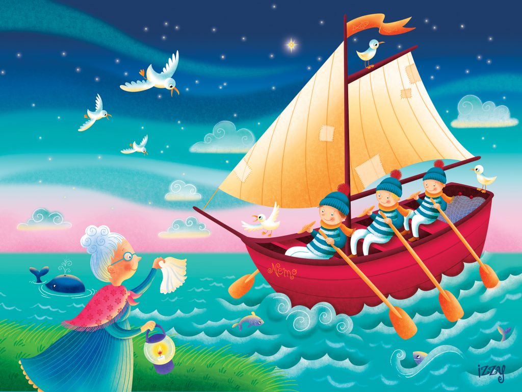 Chante avec moi en 100 chansons, collection de livres de comptines populaires pour enfants parus chez Pomango et illustrés par Isabelle Charbonneau illustrations. Comptine Partons la mer est belle.