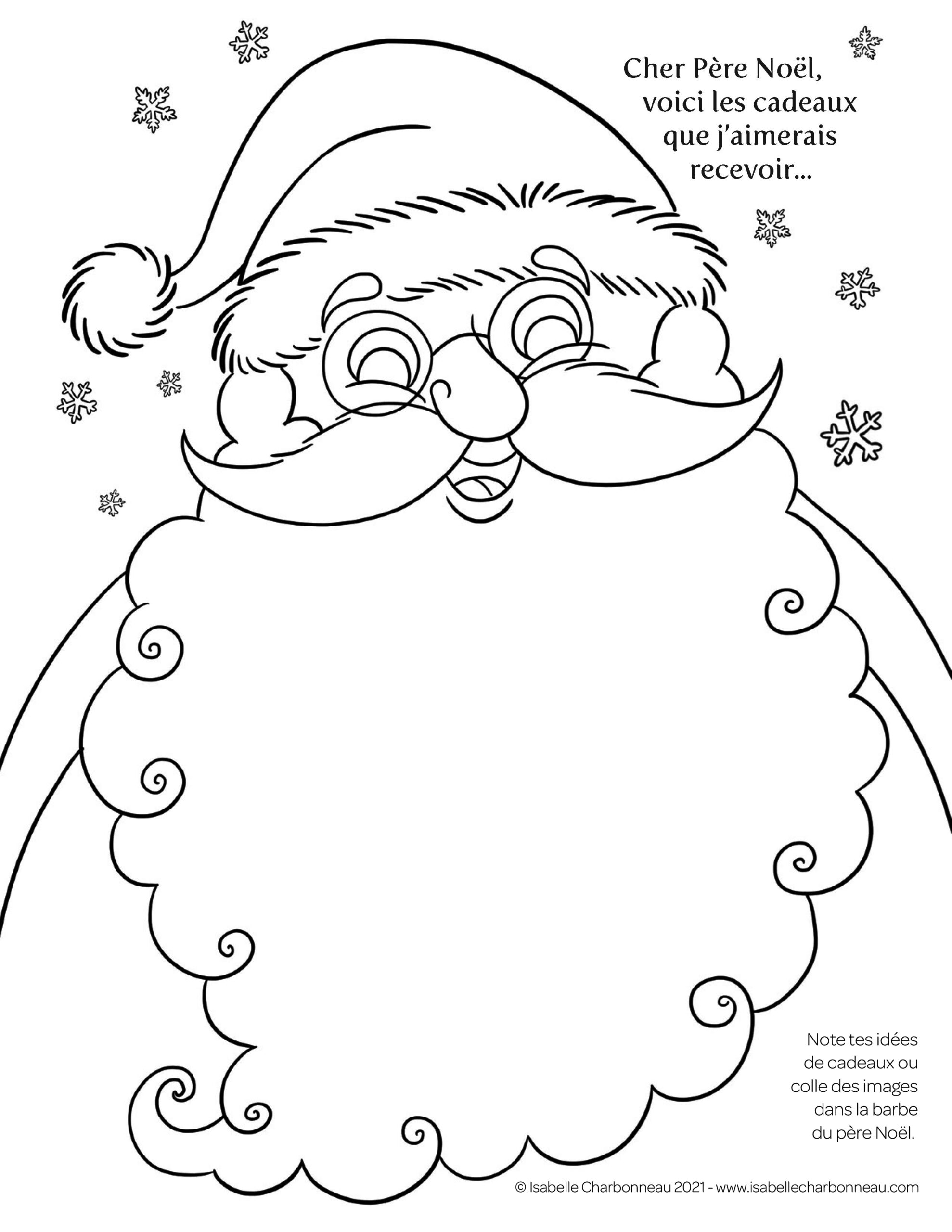 Coloriage père Noël, liste de cadeaux, coloriage par Isabelle Charbonneau illustratrice