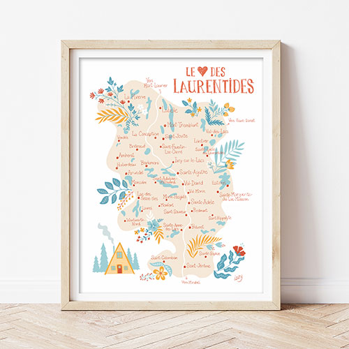 Illustration d'une carte des Laurentides par Isabelle Charbonneau