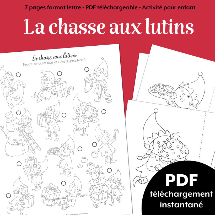 PDF à imprimer de chasse aux lutins de Noël à colorier, illustré par Isabelle Charbonneau