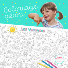 Petite fille souriante qui nous présente un coloriage sur les vacances au Québec, illustré par Isabelle Charbonneau. On y voit des illustrations de glissades d’eau et des activités de plage et de camping.