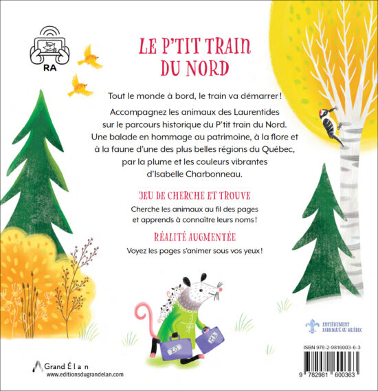 Couverture arrière de l’album pour enfants Le P’tit train du Nord, texte et illustration par Isabelle Charbonneau.