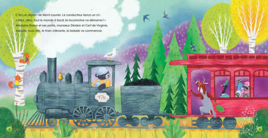 Page de l’album pour enfants illustré Le P’tit train du Nord, qui illustre le train qui démarre de Mont-Laurier avec à son bord quelques animaux des Laurentides.