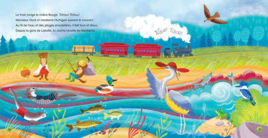 Page de l’album pour enfants Le P’tit train du Nord, qui illustre la Rivière-Rouge dans les Laurentides par Isabelle Charbonneau.