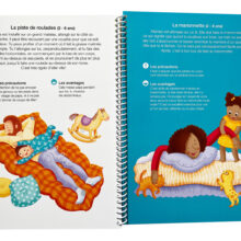 Page tirée du livre «Mon premier livre de jeux parent-enfant» illustré par Isabelle Charbonneau qui montre des activités physiques amusantes pour les enfants de 2 à 6 ans et leurs parents.