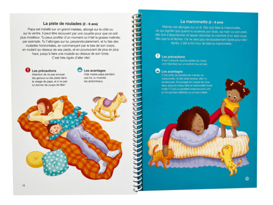 Page tirée du livre «Mon premier livre de jeux parent-enfant» illustré par Isabelle Charbonneau qui montre des activités physiques amusantes pour les enfants de 2 à 6 ans et leurs parents.