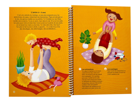Page tirée du livre «Mon premier livre de jeux parent-enfant» illustré par Isabelle Charbonneau et qui montre aux parents comment faire l’avion avec leur enfant.
