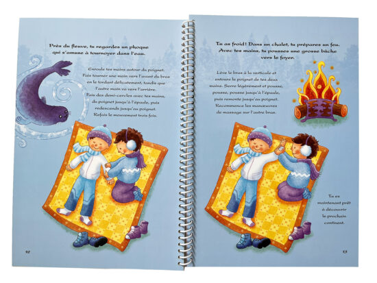 Page tirée du livre pour enfants «Mon premier livre de massage» qui présente deux techniques de massage pour enfants dans un contexte d’hiver illustré par Isabelle Charbonneau.