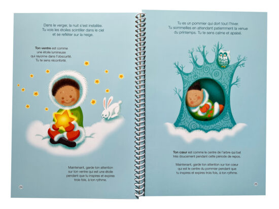 Page tirée de «Mon premier livre de méditation» où l’on peut voir des illustrations d’Isabelle Charbonneau qui présente une technique de méditation axée sur l’hiver et les étoiles.