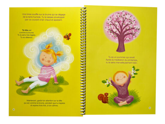Page tirée de «Mon premier livre de méditation» où l’on peut voir des illustrations d’Isabelle Charbonneau en lien avec une technique de méditation qui s’inspire de la brume et du printemps.