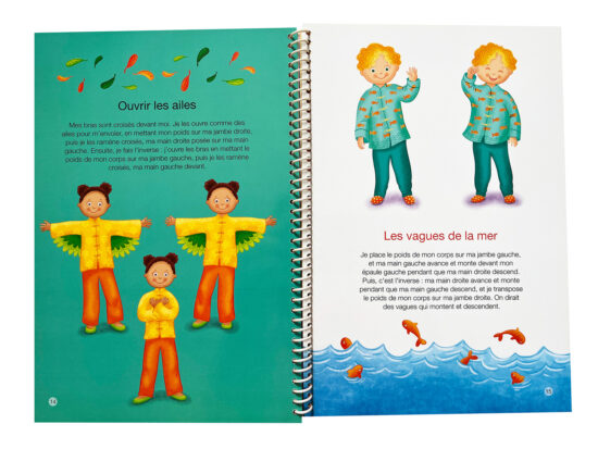 Page tirée de «Mon premier livre de tai chi» qui représente des techniques illustrées par Isabelle Charbonneau et inspirées de l’ouverture des ailes et des vagues de la mer.