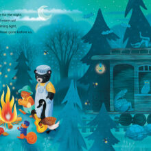 Page taken from the children's album "The Little Train of the North," depicting Laurentian animals resting near the fire at night while the train is broken down in the Laurentian forest.