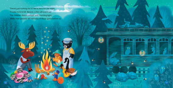 Page taken from the children's album "The Little Train of the North," depicting Laurentian animals resting near the fire at night while the train is broken down in the Laurentian forest.