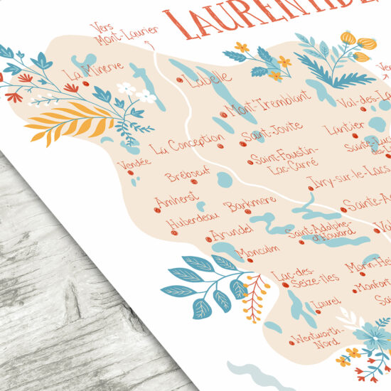 Gros plan d’une portion de l’affiche représentant une carte régionale du cœur des Laurentides, au Québec, illustrée par Isabelle Charbonneau et imprimée sur papier. On peut y voir les noms des villes et villages présents du côté ouest des Laurentides, situés entre La Minerve et Wenworth-Nord.