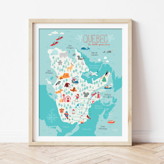 Affiche en papier représentant une carte de la province de Québec au Canada, illustrée par Isabelle Charbonneau. Elle comprend plusieurs détails typiques du Québec tels que la poutine, le homard, le sirop d’érable, un joueur de hockey, un béluga, etc.