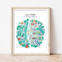 Affiche en papier encadrée représentant une carte de la ville de Saint-Jérôme, située dans les Laurentides au Québec et illustrée par Isabelle Charbonneau illustrations. Elle comprend différents points d’intérêts de la ville, tels que la vieille gare, la cathédrale, la piste du P’tit train du Nord, la Rolland, le Théâtre Gilles-Vigneault et plusieurs commerces populaires.