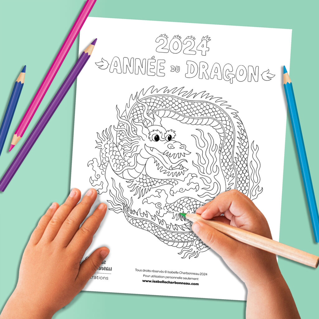 Année du dragon 2024 coloriage pour enfants par Isabelle Charbonneau