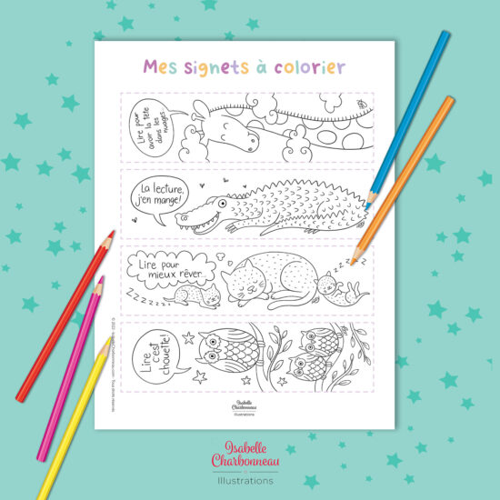 Quatre signets à colorier pour les enfants avec la thématique de la lecture et des animaux, créés par Isabelle Charbonneau illustrations.
