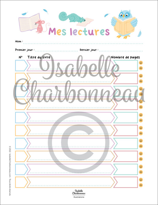 Dans cette page imprimable, l’enfant peut noter ses lectures, le titre du livre et la quantité de pages lues. Le défi lecture est créé par Isabelle Charbonneau illustrations.