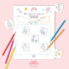 «Ma petite valise» est une page à imprimé qui compose le PDF «Je fais ma valise» d’Isabelle Charbonneau illustrations. Il s’agit d’une activité de coloriage et de découpage où l’enfant doit mettre des items de voyage dans la valise de papier. Il pourra ensuite faire sa valise lui-même, à partir de son modèle en papier.