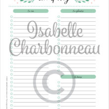 Ma liste de camping est un PDF imprimable contenant des listes à remplir pour noter la nourriture que l’on prévoit d'apporter en camping : en sac, en glacière et à boire. Une création d’Isabelle Charbonneau illustrations