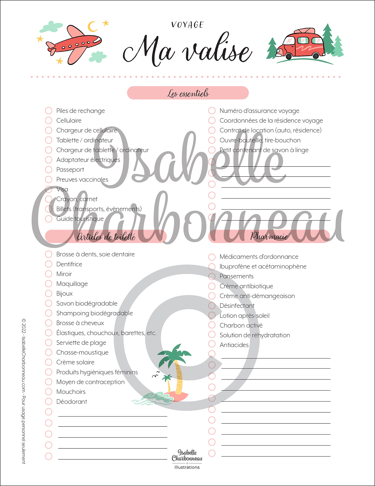 Liste pour ma valise Outils d'organisation personnelle à imprimer