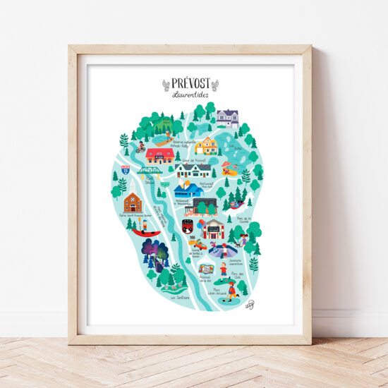 Affiche en papier encadrée représentant une carte de la ville de Prévost, située dans les Laurentides au Québec et illustrée par Isabelle Charbonneau illustrations. Elle comprend différents points d’intérêts de la ville, tels que le pont et le mont Shaw, la réserve naturelle Alfred-Kelly, le parc régional de la Rivière-du-Nord, le festival de la BD et plusieurs autres.