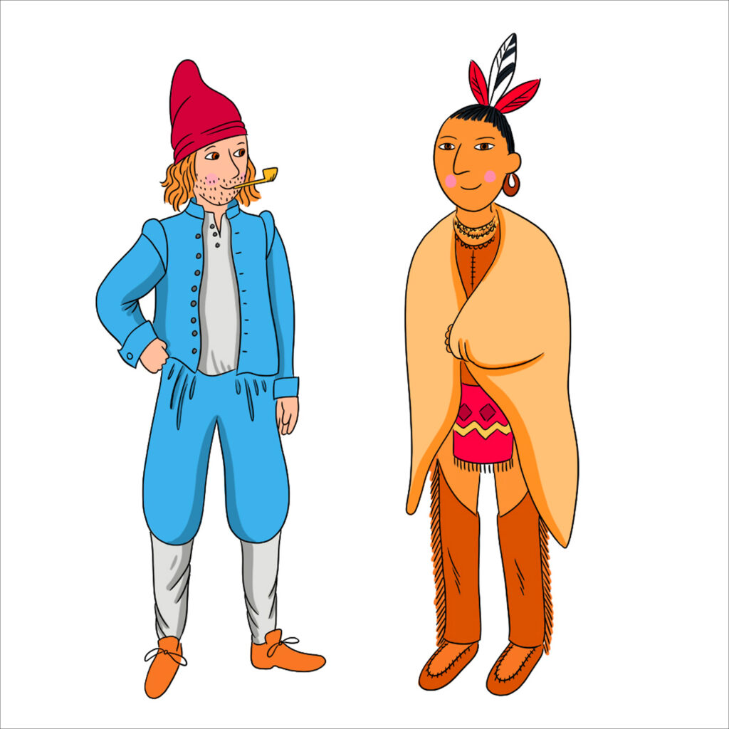 Illustration d'un colon français et d'un amérindien par Isabelle Charbonneau