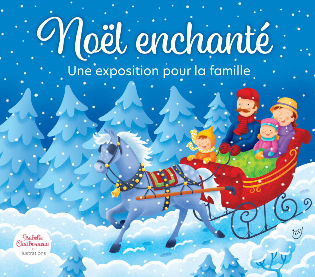 Illustration de Noël d'Isabelle Charbonneau qui représente une carriole tirée par un cheval avec une famille de quatre personnes dans une forêt la nuit avec des flocons de neige.
