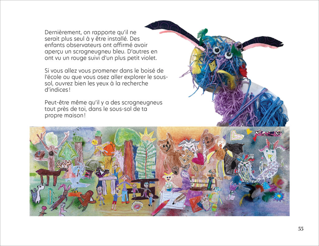 Page de texte d’un album jeunesse incluant une fresque de dessins d’enfants et une illustration au trait signée Isabelle Charbonneau.