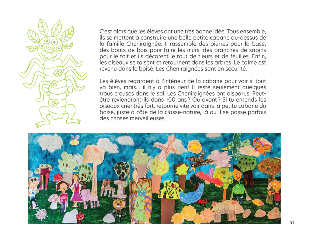Page de texte d’un album jeunesse incluant une fresque de dessins d’enfants et une illustration au trait signée Isabelle Charbonneau.