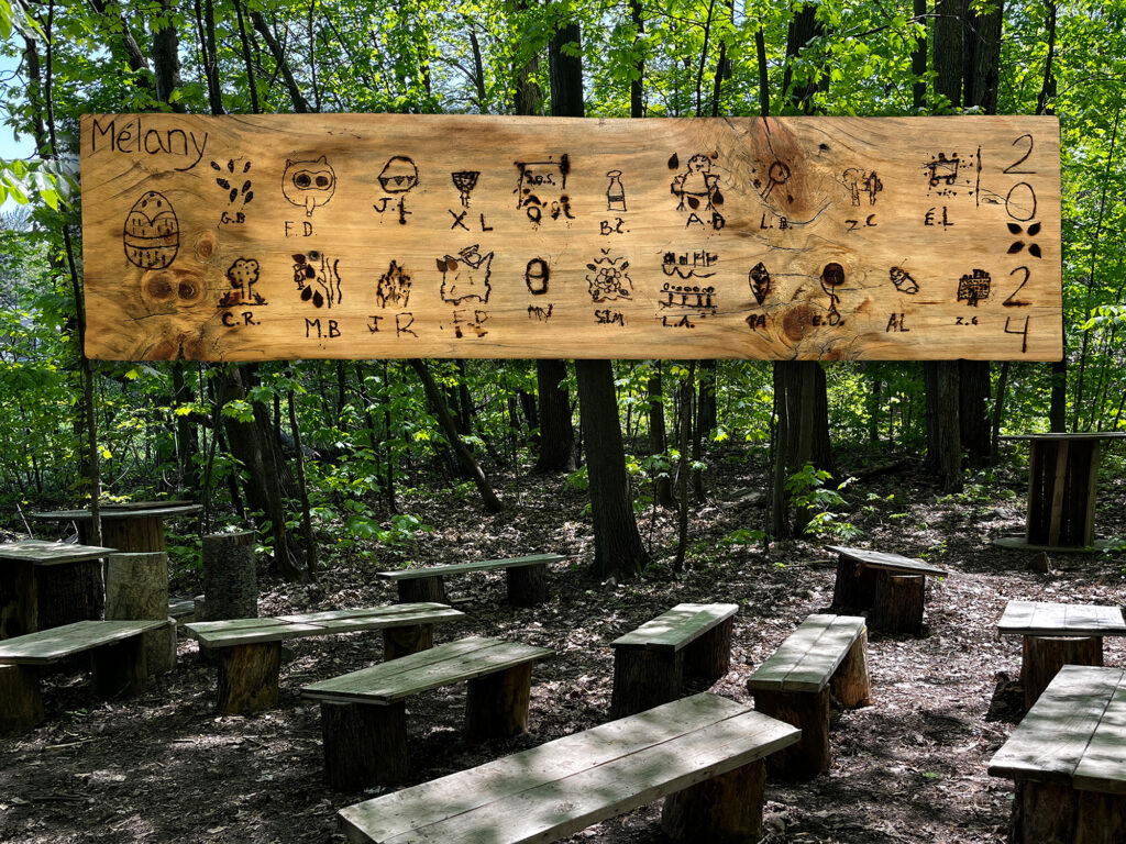 Planche d'icônes pyrogravés d'enfants devant une classe nature meublée de banc en bois en pleine forêt.