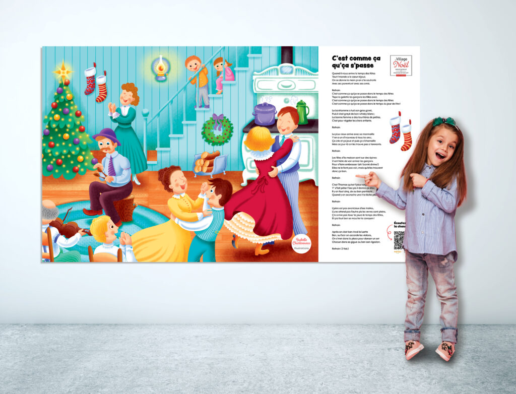 Petite fille devant une illustration d'Isabelle Charbonneau représentant une scène d'un réveillon de Noël québécois avec des danseurs, un joueur de violon, des enfants et un sapin.