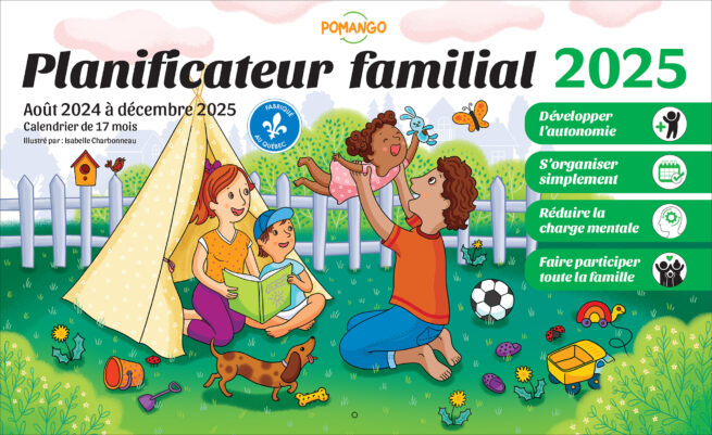 Couverture du Planificateur familial 2025 illustré par Isabelle Charbonneau où l'on voit une famille avec deux enfants qui jouent dans leur jardin dans un petite tente.