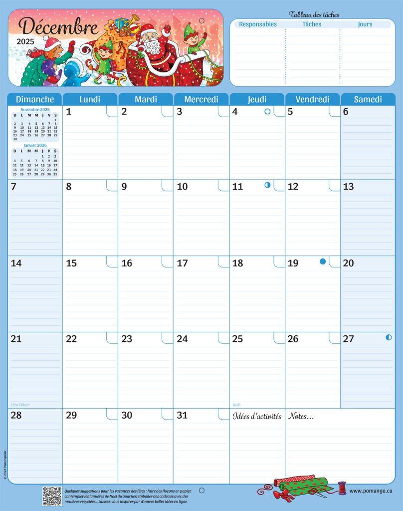 Page intérieur d'un calendrier représentant le mois de décembre illustré avec une parade du père Noël et ses lutins.