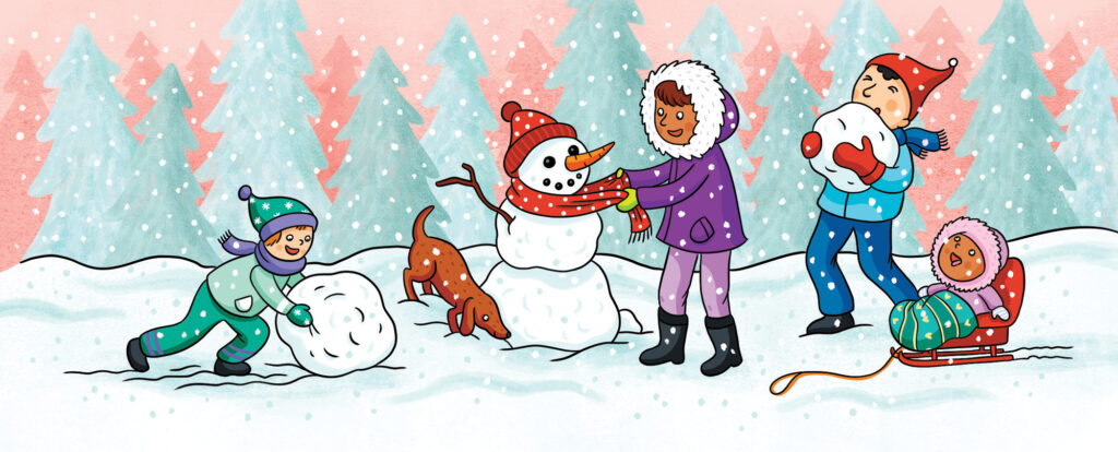 Illustration d'Isabelle Charbonneau qui représente quatre enfants qui s'amusent dehors en hiver en faisant un bonhomme de neige.