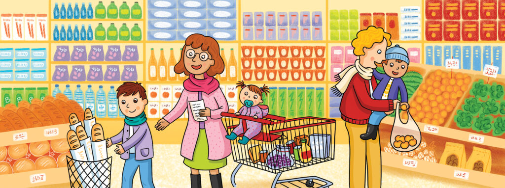 Illustration d'Isabelle Charbonneau qui représente une famille qui fait ses courses dans une épicerie au rayon des fruits et légumes.