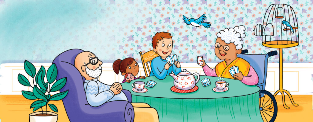 Illustration d'Isabelle Charbonneau qui représente un couple de personnes âgées dans leur salle à diner où la grand-mère joue au carte avec deux enfants et le grand-père est assis dans un fauteuil.
