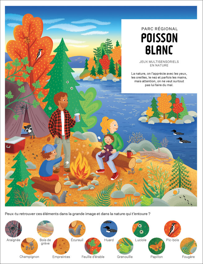 Illustration d'une famille en camping au bord de l'eau, avec des pastilles de cherche et trouve dans l'image et le titre 'Poisson Blanc' visible sur la couverture.
