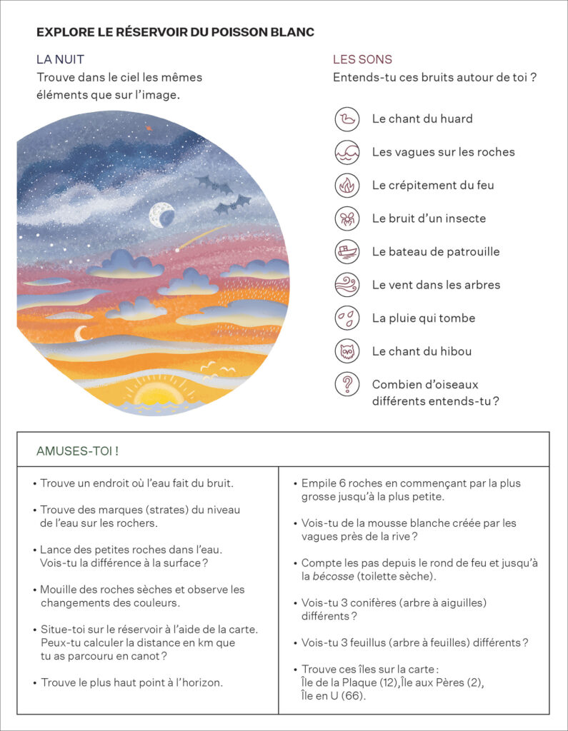 Page d’un cahier de jeux pour enfants contenant du texte avec des icônes simples, accompagnée d'une illustration de ciel et d'un soleil couchant.
