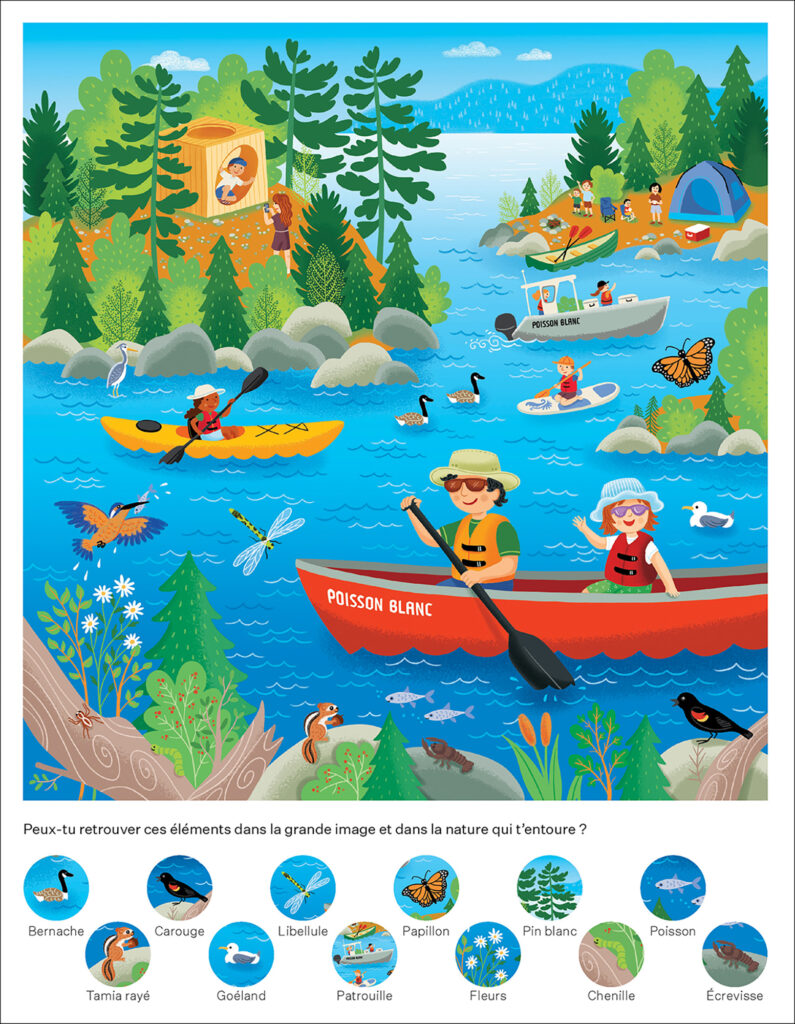Personnes en canot, kayak, planche à pagaie et bateau sur un plan d’eau entouré d’îles boisées, avec des pastilles de cherche et trouve intégrées à l’image.