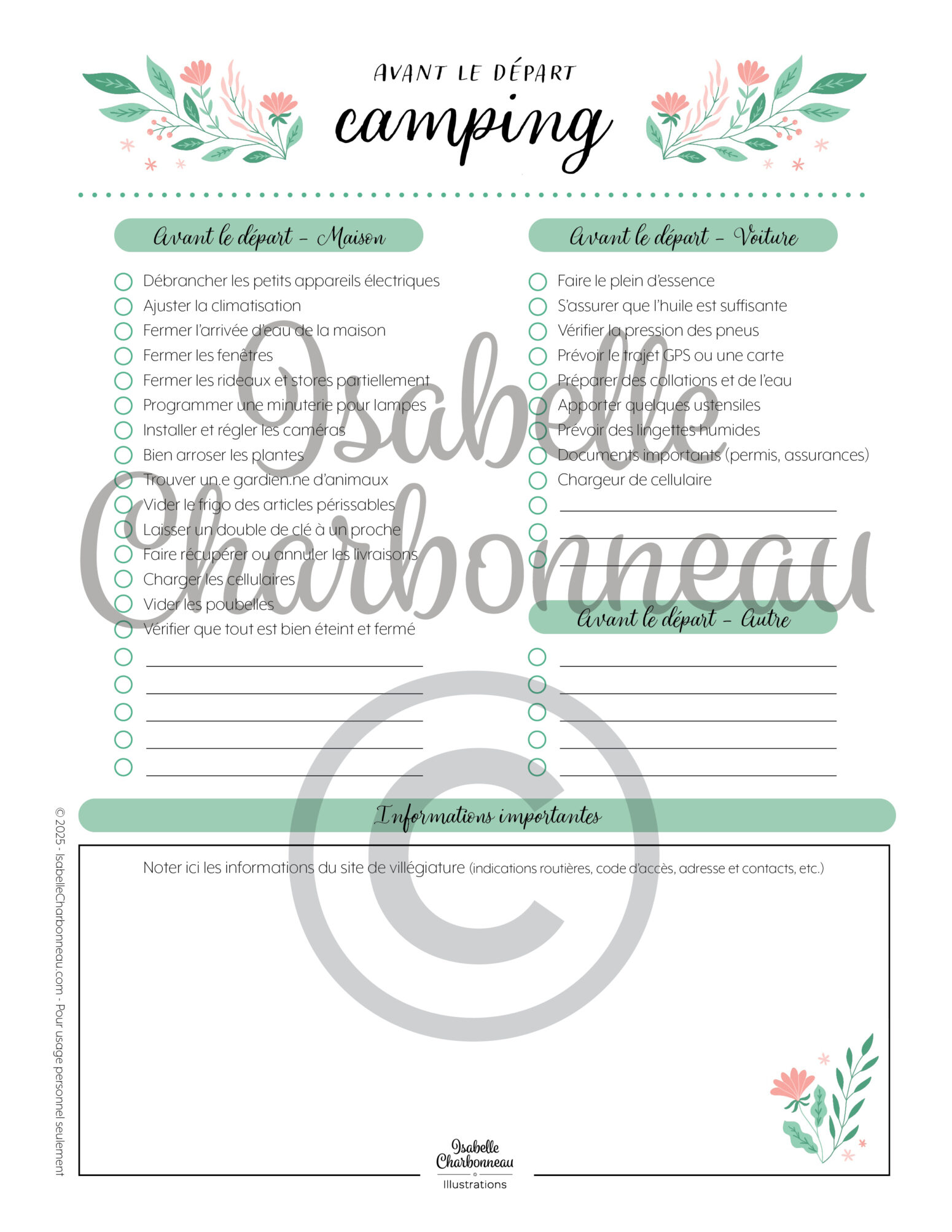 Ma liste de camping est un PDF imprimable contenant une page de planification des repas sur 3 jours, incluant le déjeuner, le dîner et le souper, par Isabelle Charbonneau illustrations.