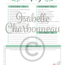 Ma liste de camping est un PDF imprimable contenant une page de planification des repas sur 3 jours, incluant le déjeuner, le dîner et le souper, par Isabelle Charbonneau illustrations.