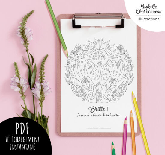 « Brille » – Coloriage inspirant et lumineux pour adultes, fichier téléchargeable à imprimer, moment créatif et épanouissant.